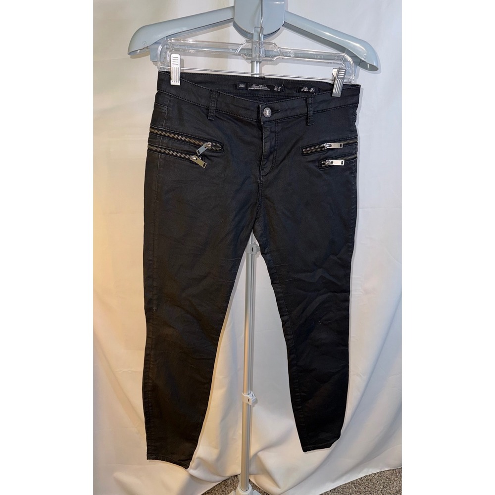 Zara Woman Premium Denim Black Coated Moto Slim Fit Zipper Pants Size 6 EUR 38